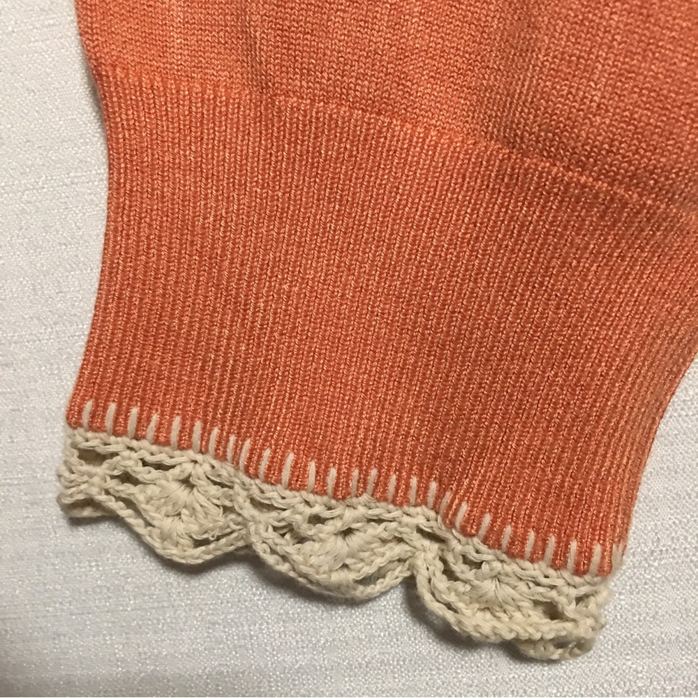 T Tahari Peach Cardigan Fairy Sweater Snaps Up Cream Crocheted Trim Wide Ribbi View 3